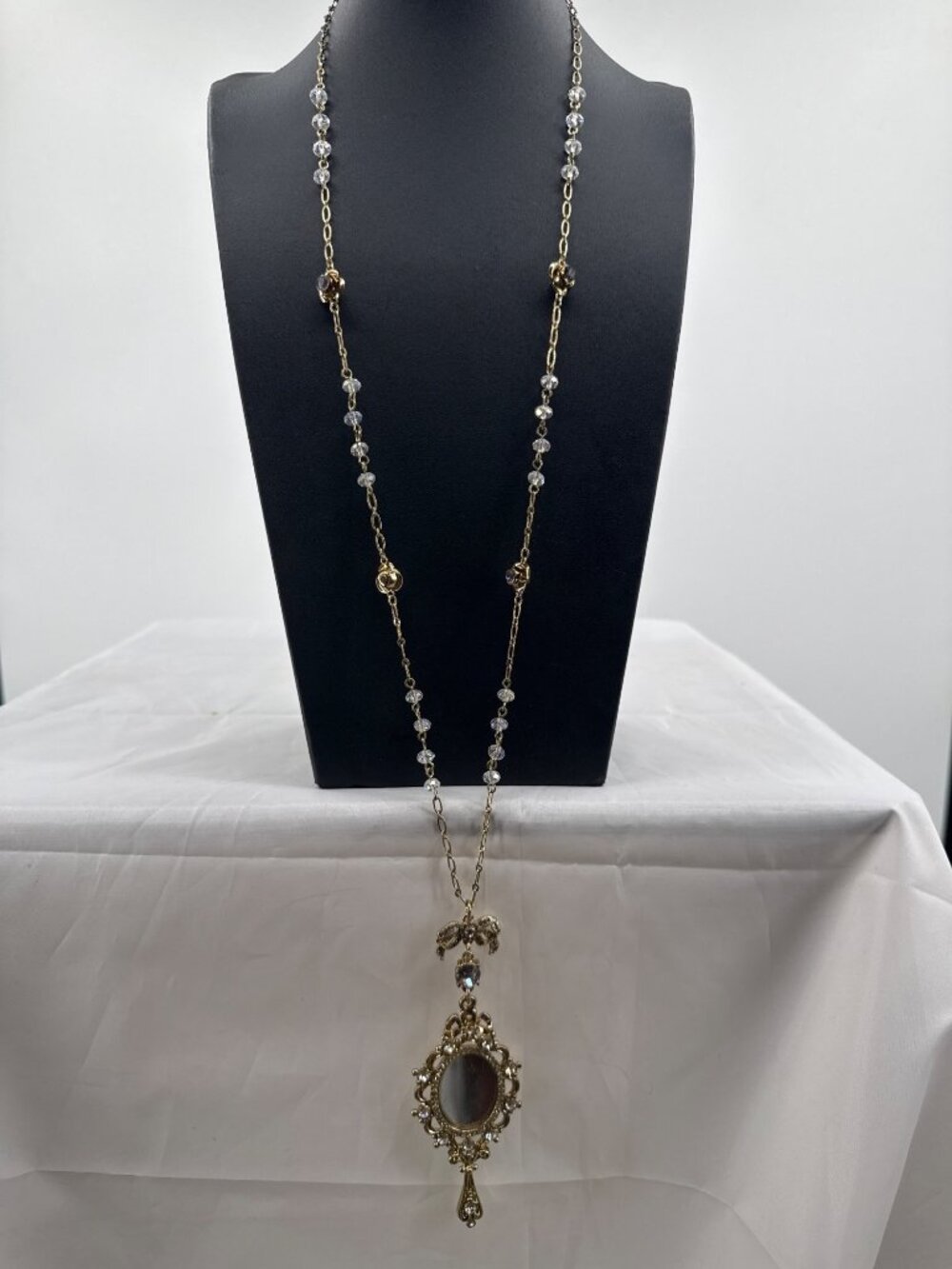 Vintage Betsey Johnson Victorian Hand Mirror Pendant Necklace Bow Crystal Chain
